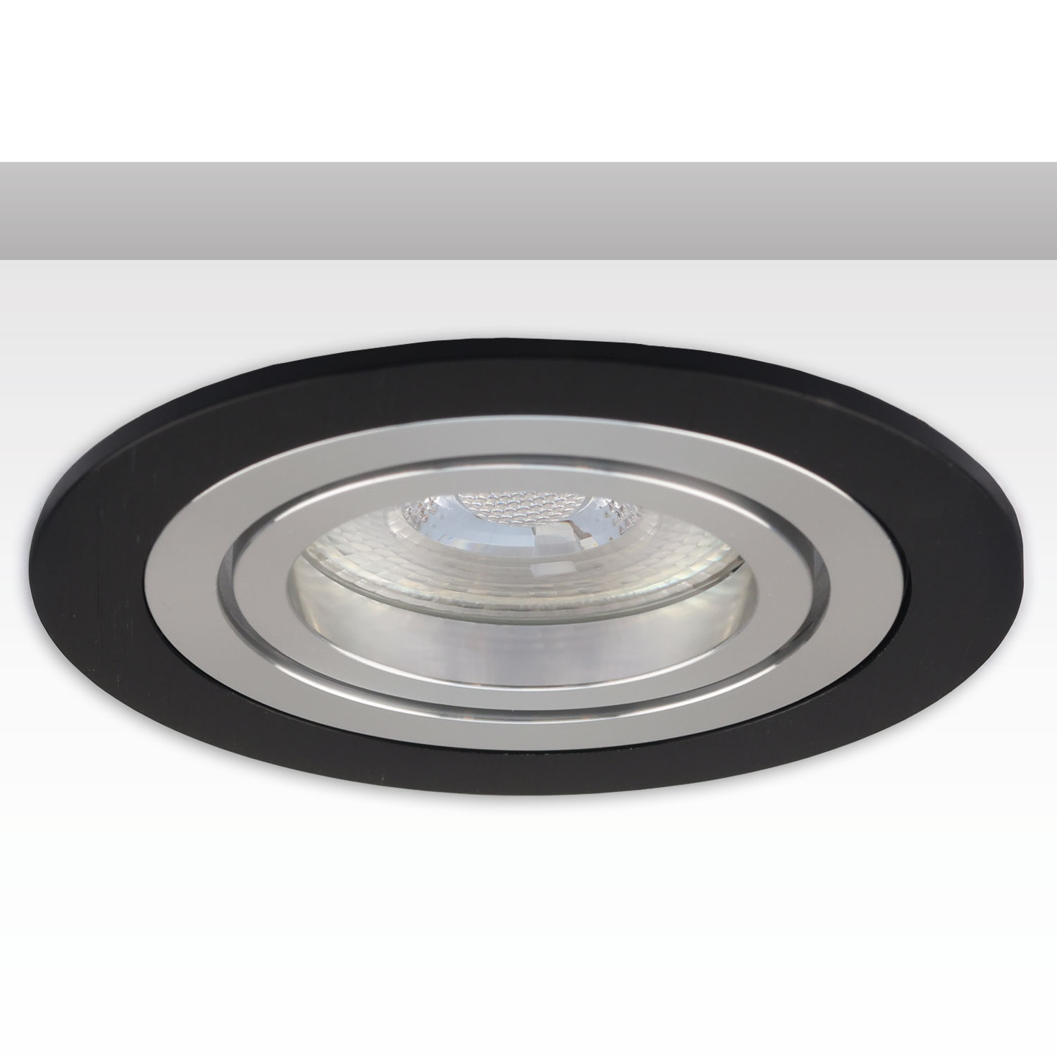 Einbaurahmen rund, Loch 80mm, schwarz + Alu gebürstet, für GU10/MR16 Spots