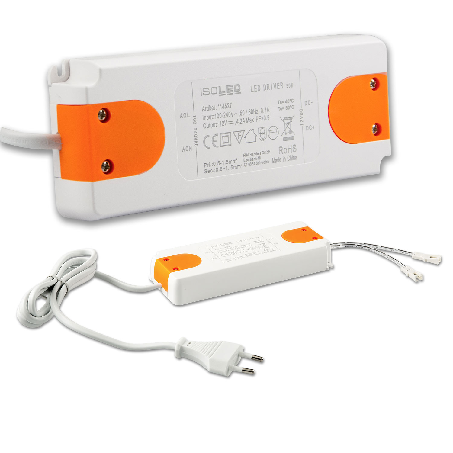 LED Trafo MiniAMP 12V/DC, 0-50W, 120cm Kabel mit Flachstecker, sekundär 2 female Buchsen
