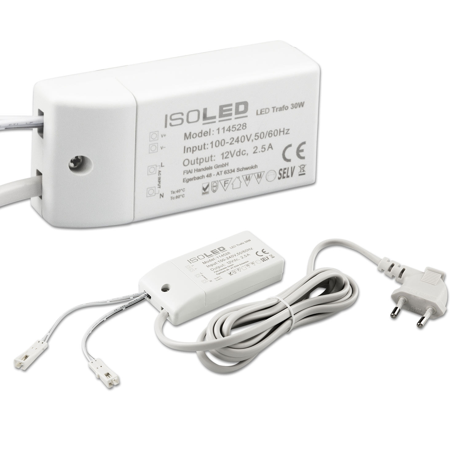 LED Trafo MiniAMP 12V/DC, 0-30W, 200cm Kabel mit Flachstecker, sekundär 2 female Buchsen