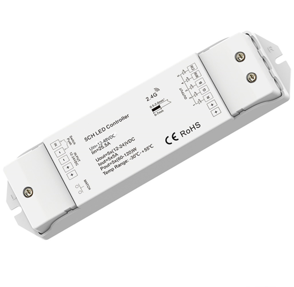 Sys-Pro RGB+CCT Push/Funk Mesh PWM-Dimmer, 1-5 Kanal, 12-48V DC 5x5A