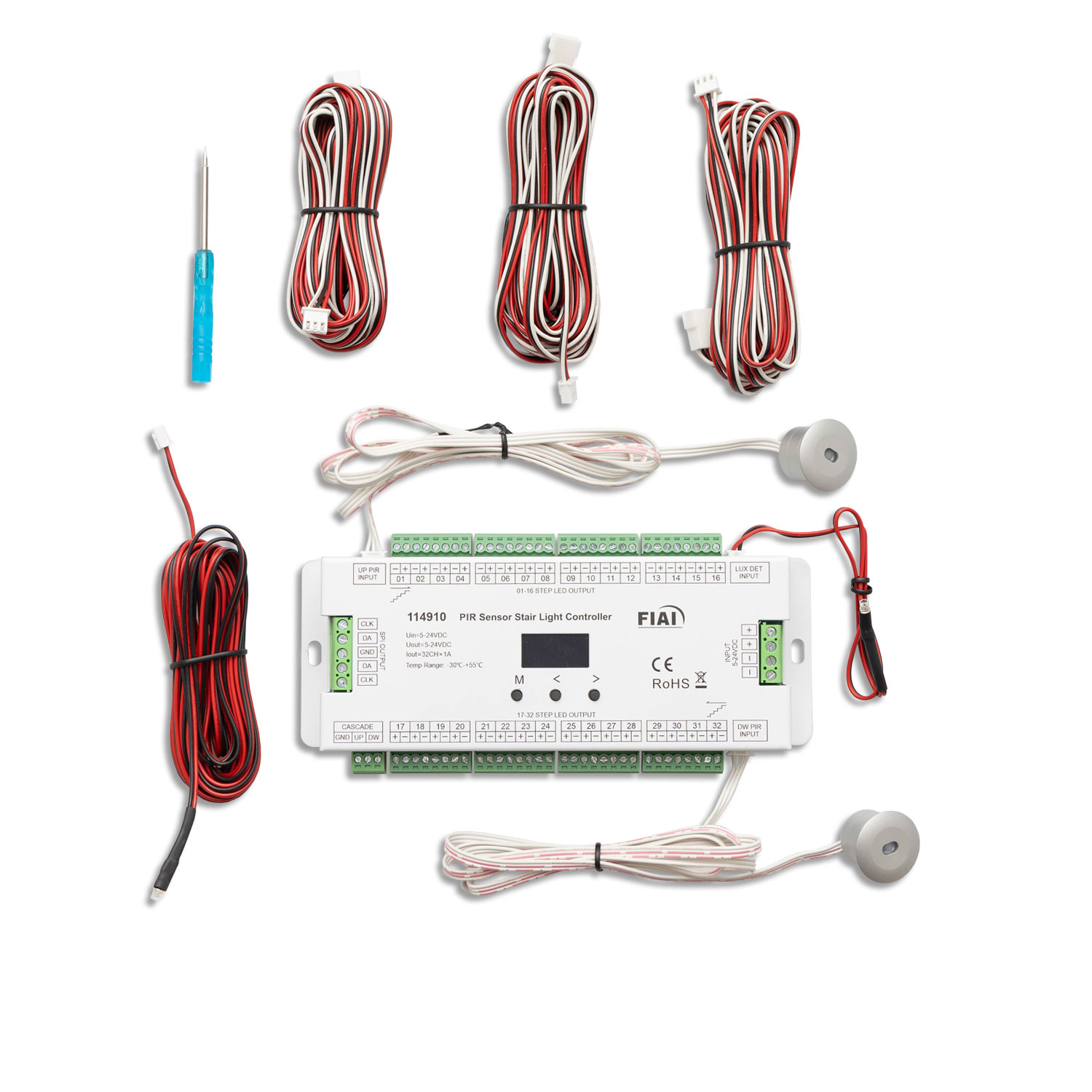 Treppen-Effekt PWM-Dimmer 5-24V DC, 32x1A + SPI-Output, 2 PIR Sensor + 2 Push-Tast Eingänge