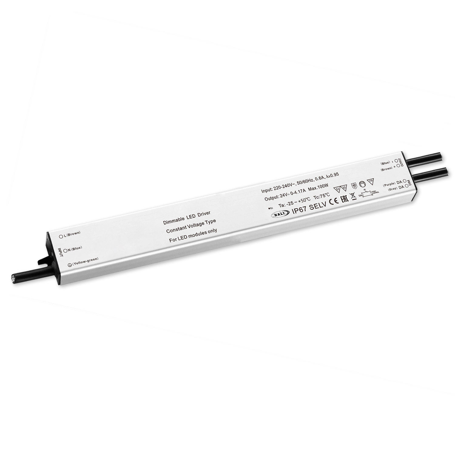 LED PWM-Trafo 24V/DC, 0-60W, Push/DALI-2 dimmbar, IP67, SELV, flach, ultraschmal