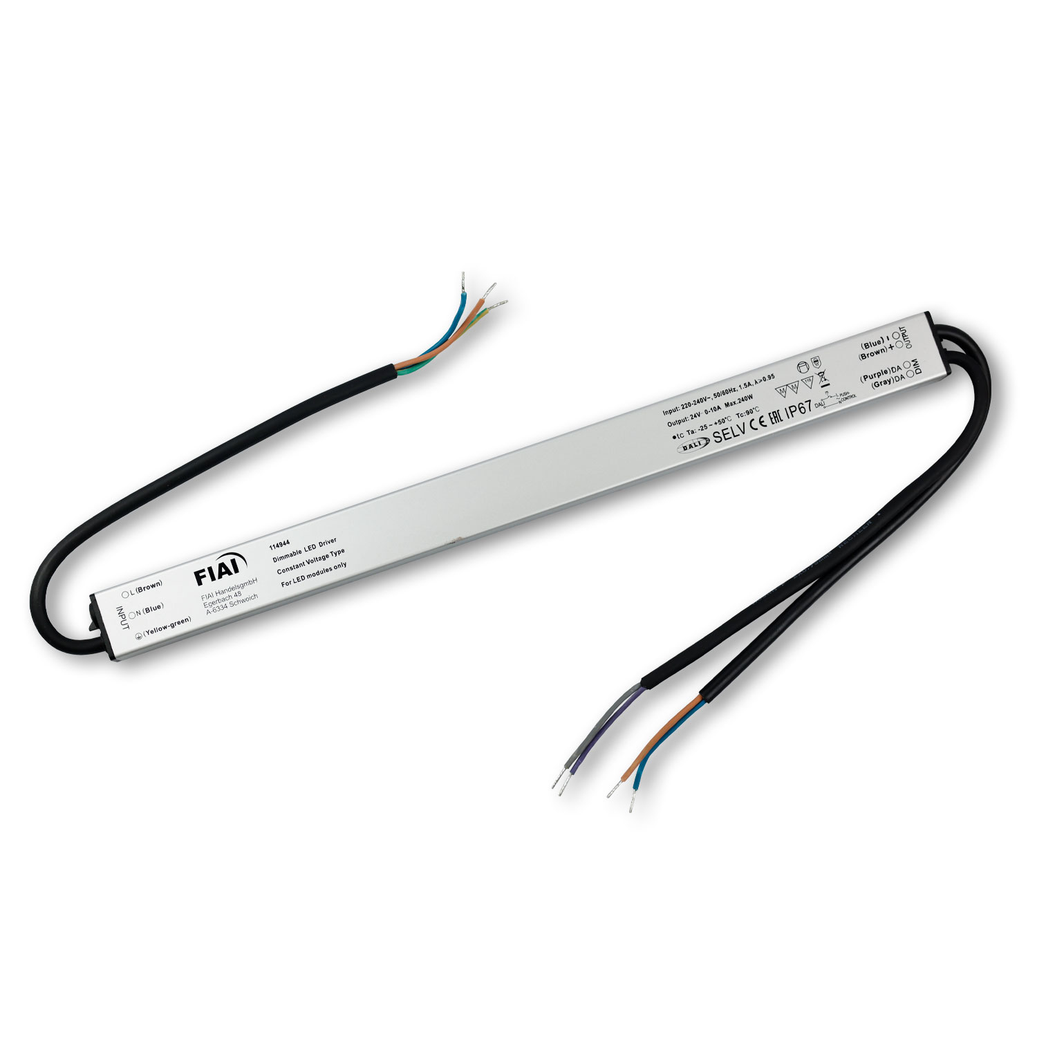 LED PWM-Trafo 24V/DC, 0-240W, Push/DALI-2 dimmbar, IP67, SELV, flach, ultraschmal
