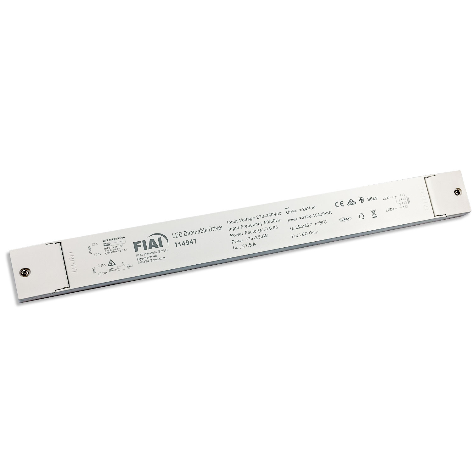 LED PWM-Trafo 24V/DC, 0-250W, Push/DALI-2 dimmbar, SELV, flach