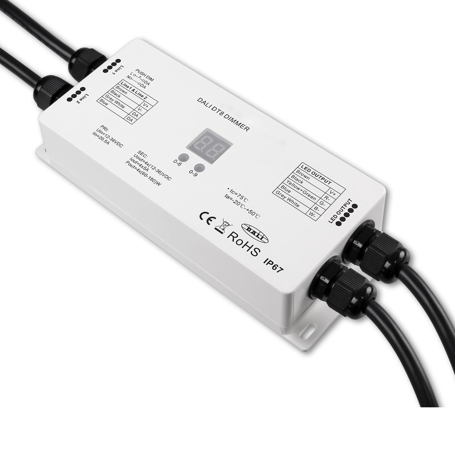 DALI DT8 1 Adresse Universal Push-Dim PWM-Dimmer IP67, 4 Kanal, 12-36V 4x5A, 48V 4x3A