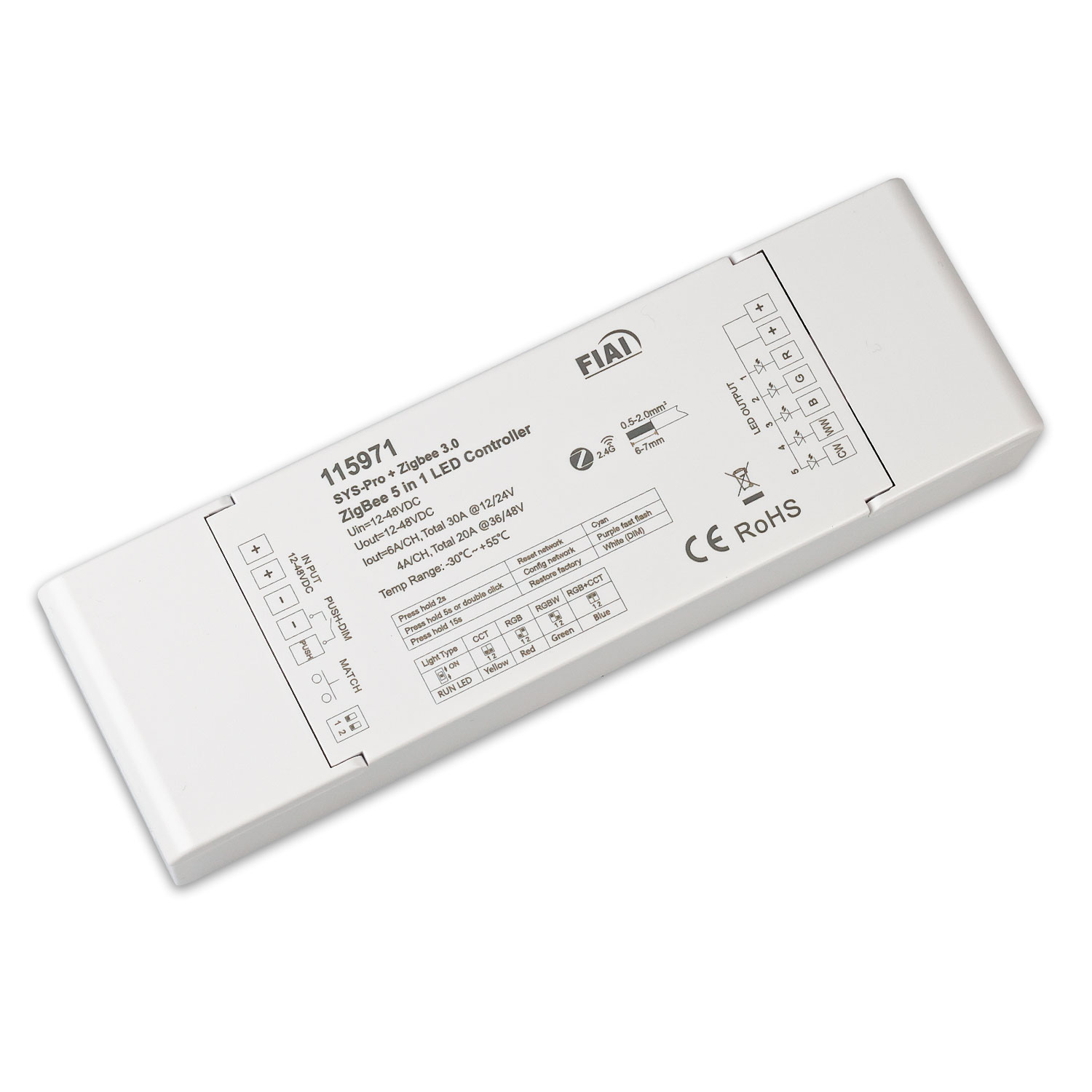 Sys-Pro + Zigbee 3.0 Push/Funk 1-5 Kanal Multi-PWM-Dimmer, 12-24V DC 5x6A, 36-48V DC 5x4A