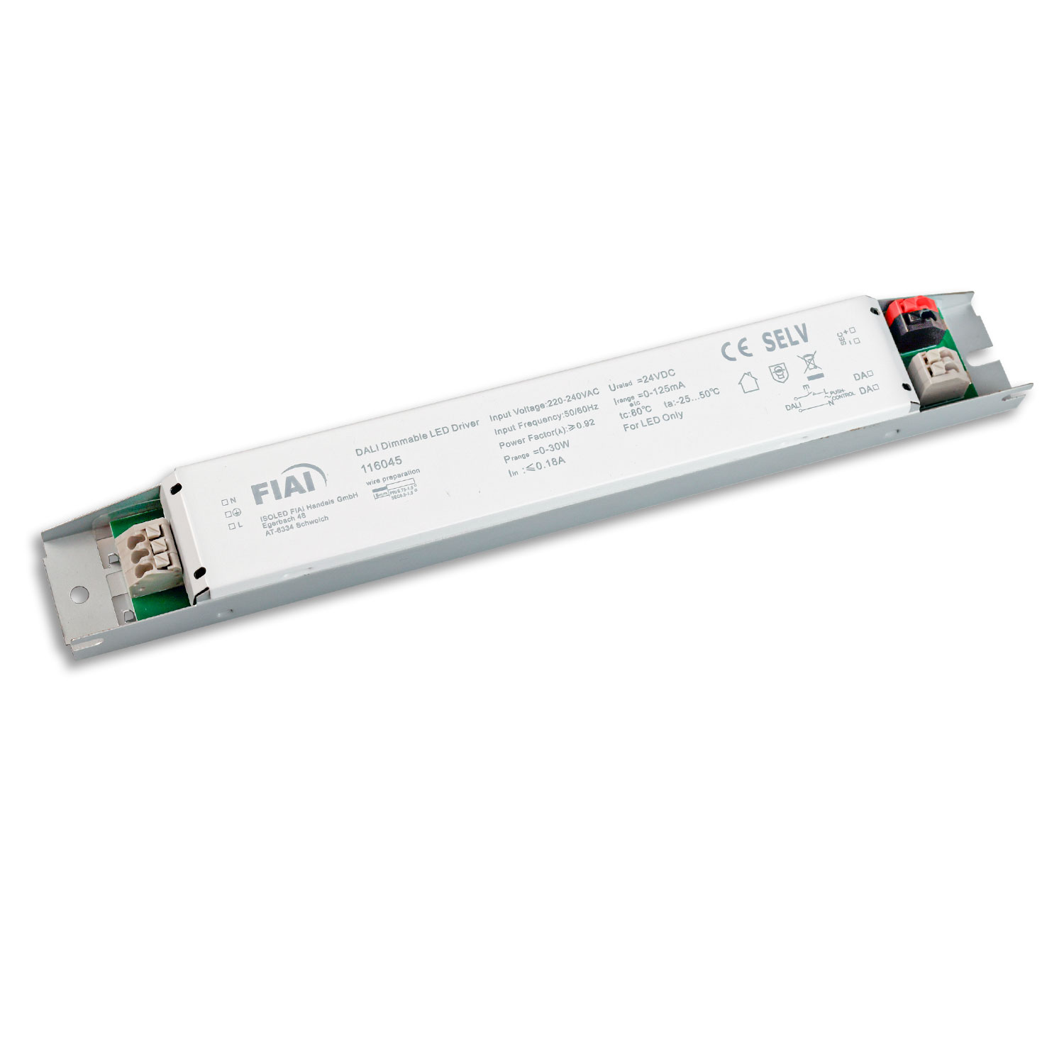 LED PWM-Trafo 24V/DC, 0-30W, Push/DALI-2 dimmbar, SELV, ultraflach