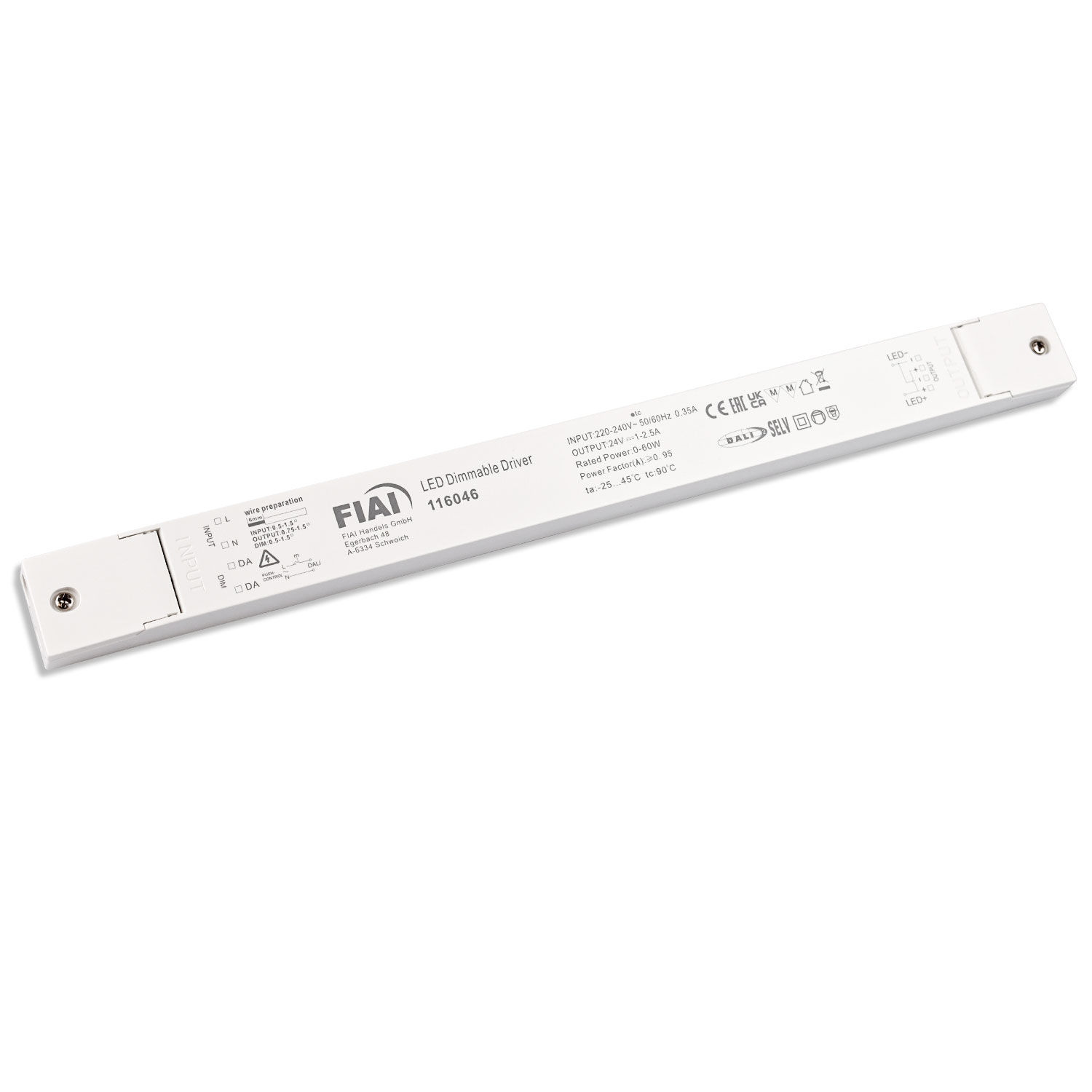 LED PWM-Trafo 24V/DC, 0-60W, Push/DALI-2 dimmbar, SELV, ultraflach, ultraschmal