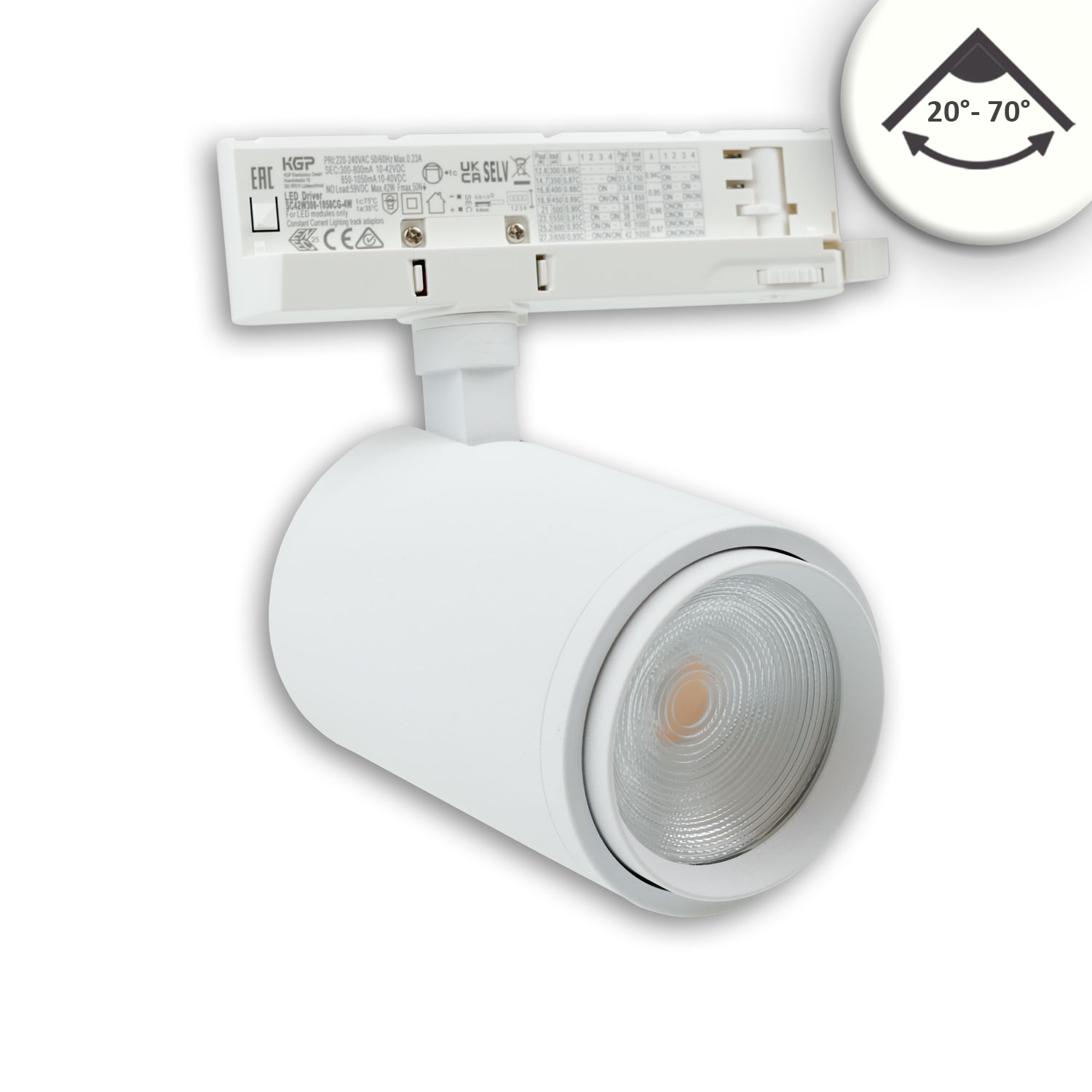 3-Phasen Schienen-Strahler fokussierbar, 42W, 20°-70°, weiß matt, 4000K, CRI92, dimmbar