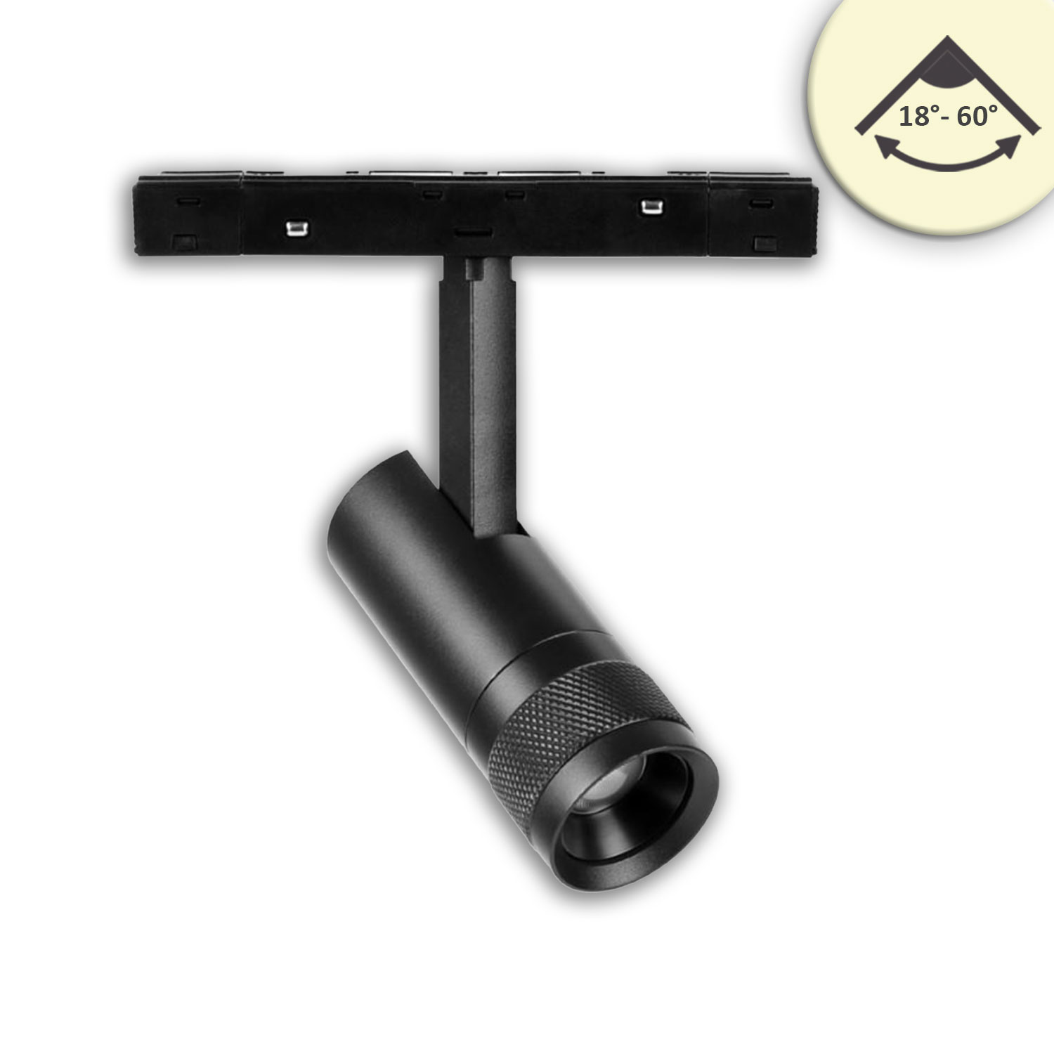 Track48 Schienen-Strahler schwarz, 7W, fokussierbar 18°-60°, UGR<16, 48V DC, 3000K, DALI dimmbar