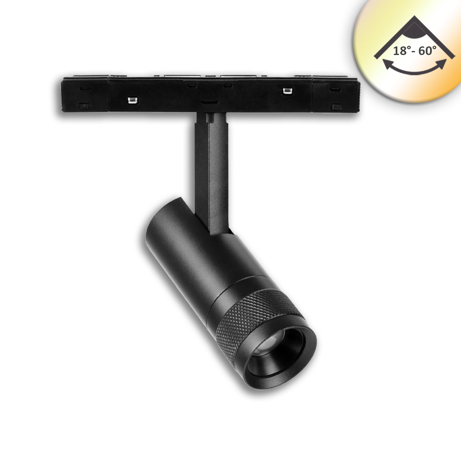 Track48 Schienen-Strahler schwarz, 7W, fokuss. 18°-60°, UGR<16, 48V DC, 1800-4000K, DALI DT8 dimmbar