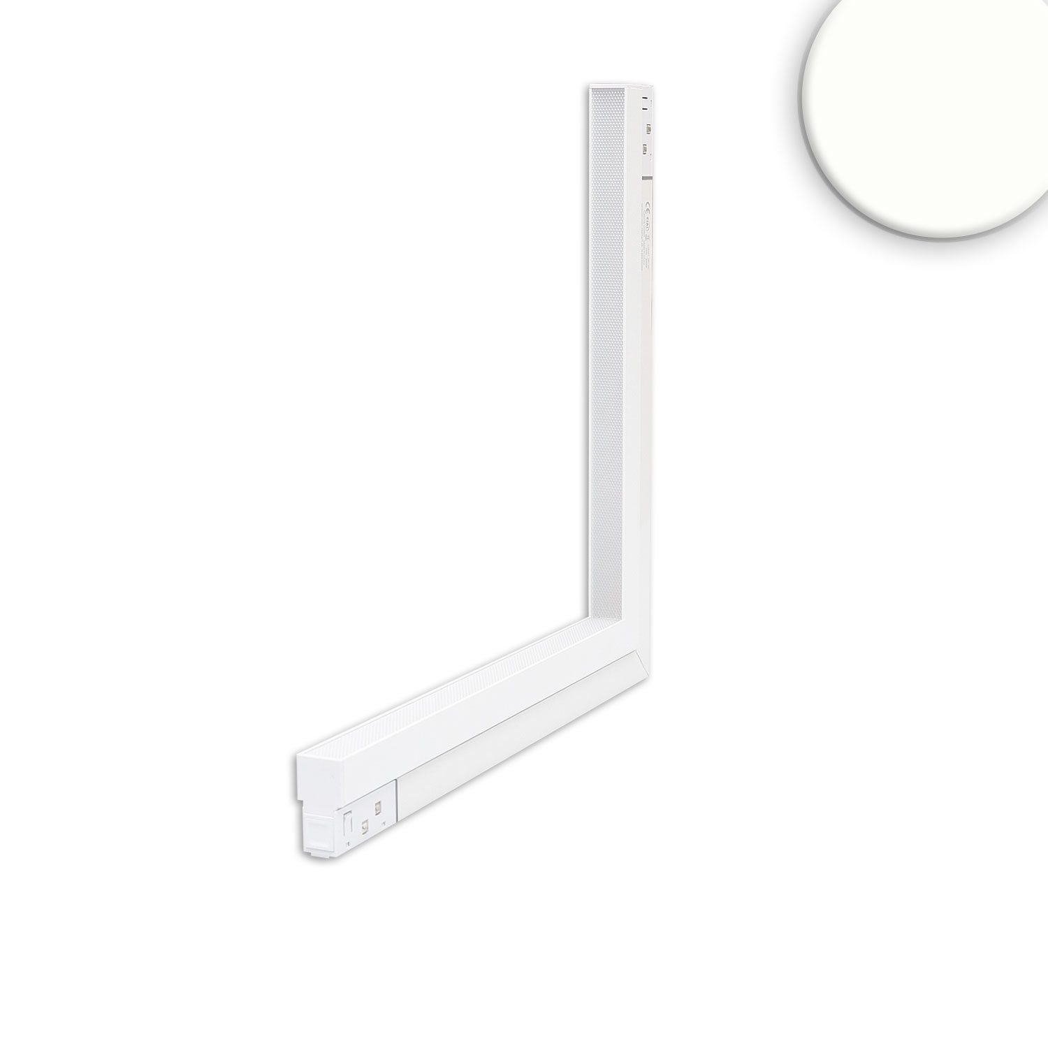 Track48 Eckleuchte vertikal weiß, 20W, 120°, 48V DC, 4000K, CRI90, prismatisch, Line+, DALI dimmbar