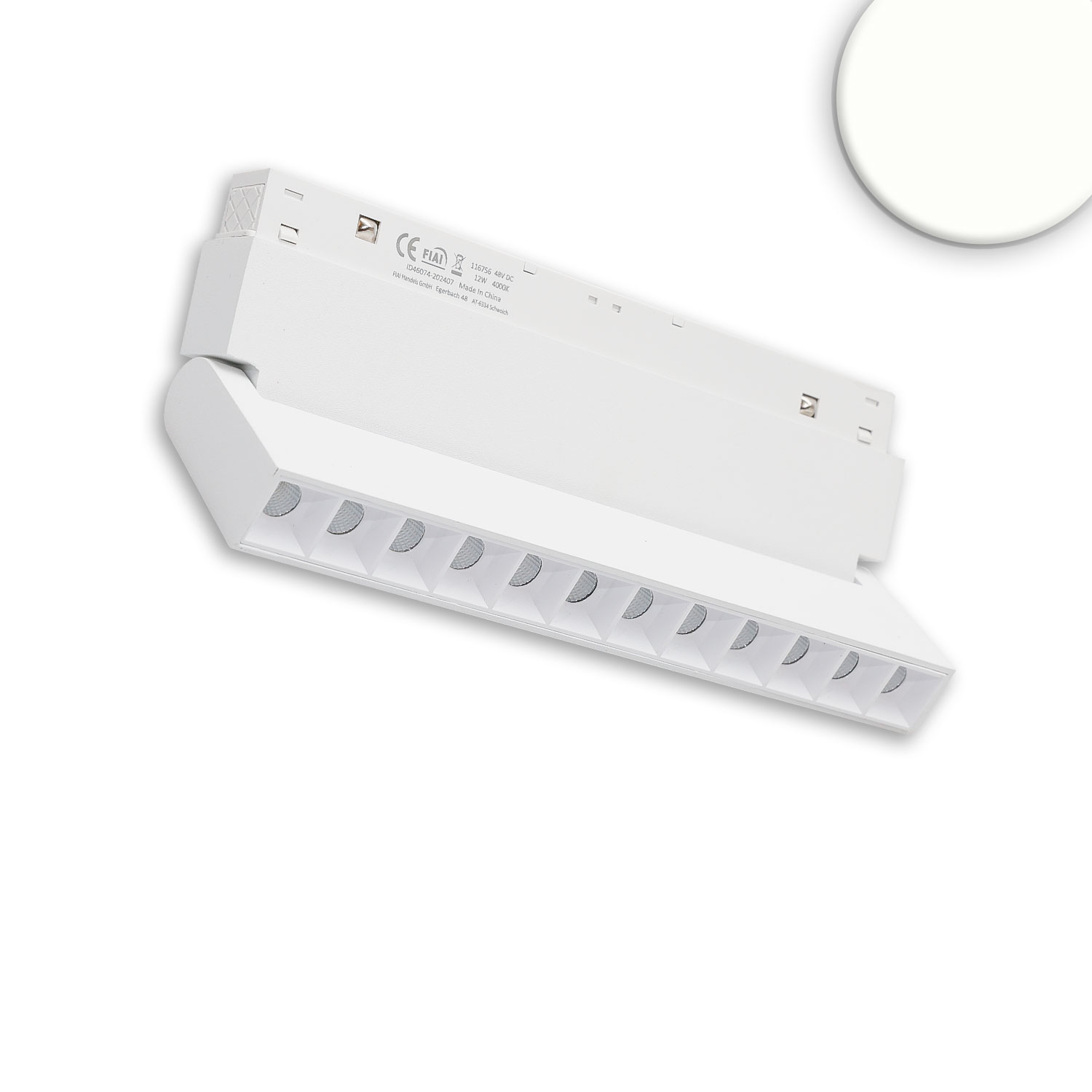 Track48 Raster-Schienen-Strahler 22cm weiß, 12W, 36°, UGR<19, 48V DC, 4000K, CRI90, DALI dimmbar