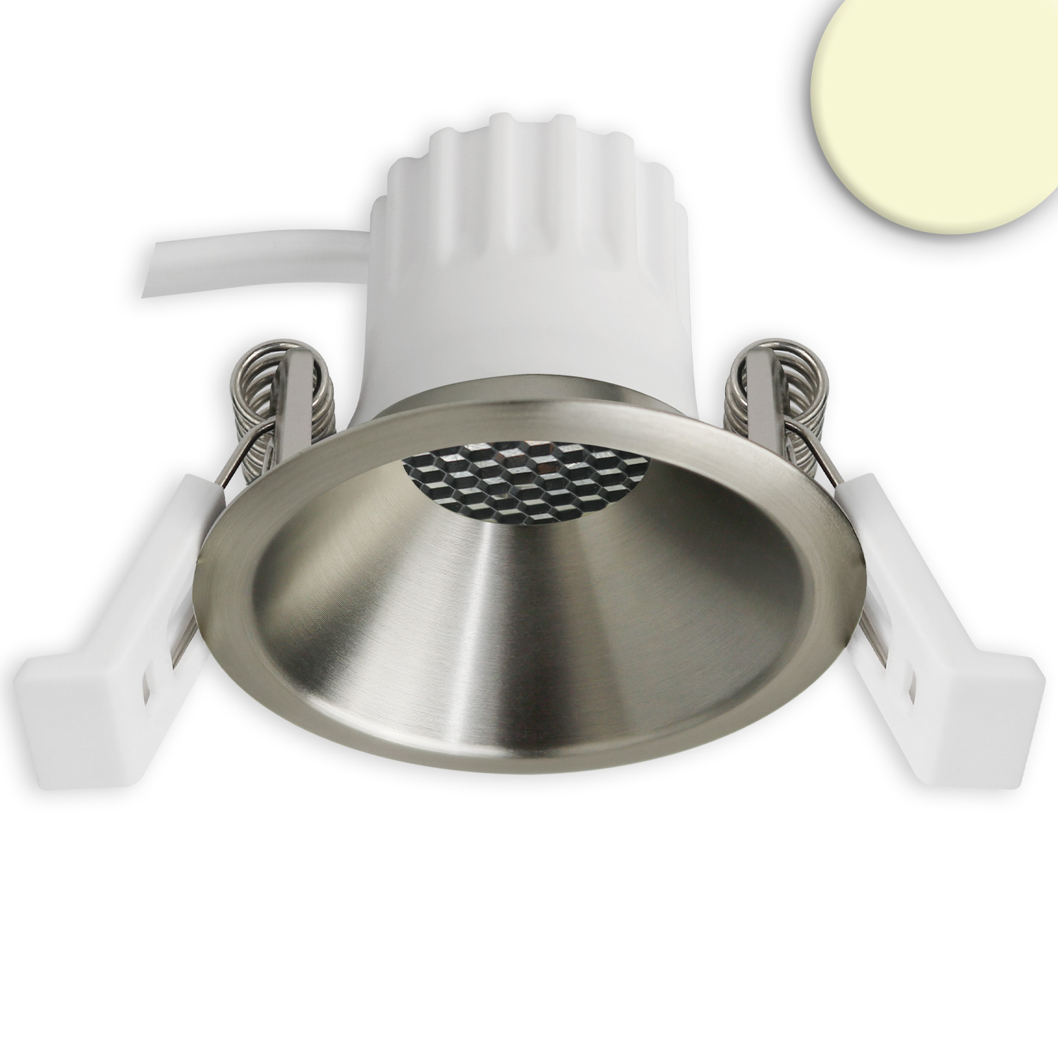 LED Einbaustrahler BACK45, nickel geb., rund, 5W, CRI90, 3000K, rückversetzt, Honeycomb, dimmbar